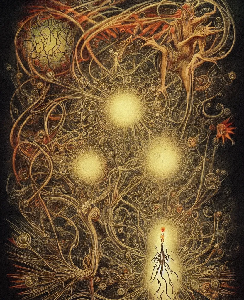 Image similar to whimsical freaky creature sings a unique canto about'as above so below'being ignited by the spirit of haeckel and robert fludd, breakthrough is iminent, glory be to the magic within, painted by ronny khalil