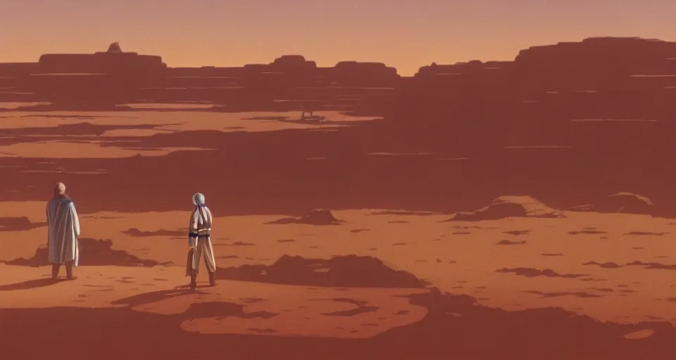 Image similar to beautiful wide shot tatooine landscape obi wan kenobi,Luke skywalker, Star Wars a new hope 1977, studio ghibli, Miyazaki, studio ghibli, Jean girard, Moebius , animation, golden hour, highly detailed, 70mm