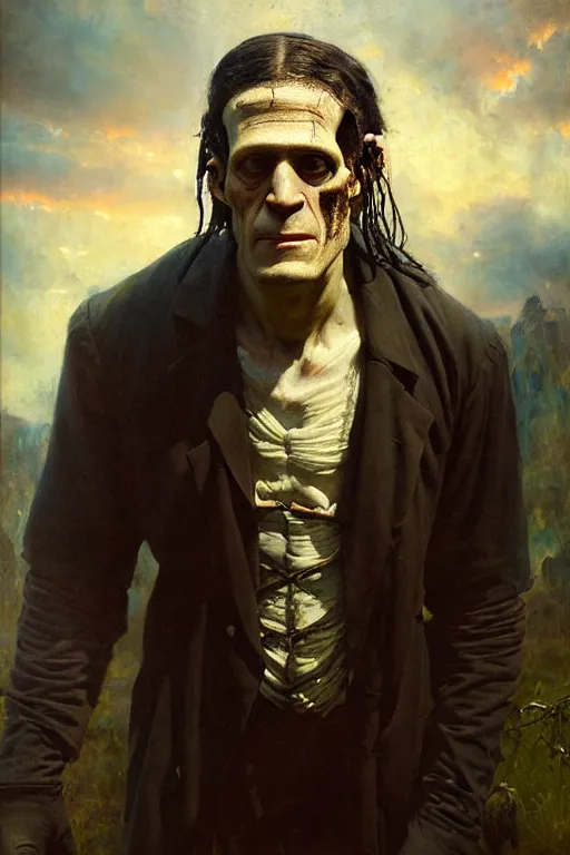 Image similar to photograph imax and solomon joseph solomon and richard schmid and jeremy lipking victorian loose genre loose painting full length portrait painting of frankenstein