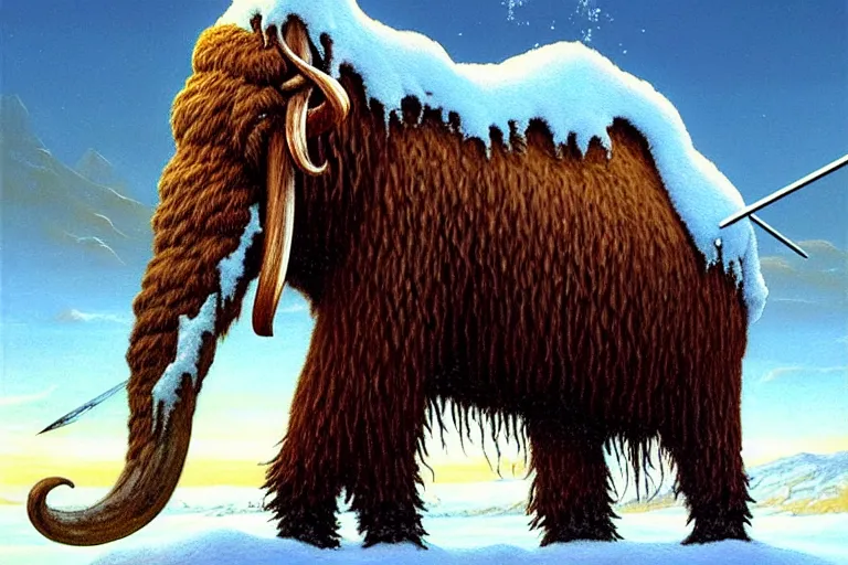 Prompt: classic oil painting, a wooly mammoth covered in snow, as a dnd character, with a giant spear being stabbed into it, wounded, highly detailed, digital illustration, concept art, smooth, sharp focus, art by greg hildebrandt, and tim hildebrandt