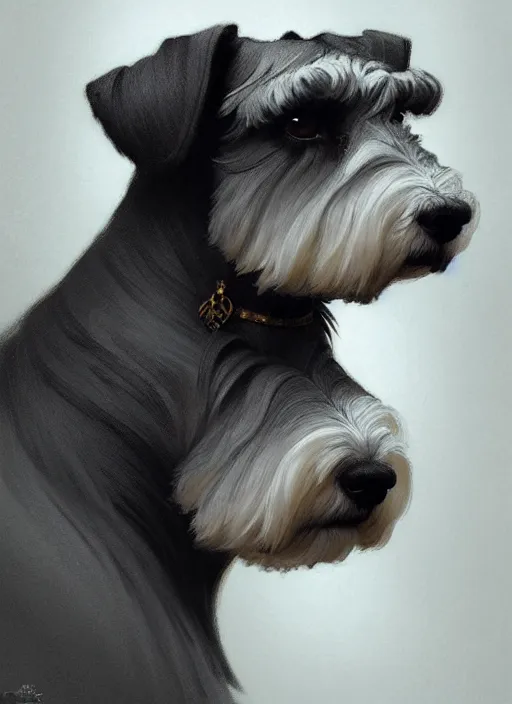 Image similar to portrait of stoic looking miniature schnauzer, black fir, white eyebrows, fantasy, intricate, elegant, highly detailed, digital painting, artstation, concept art, smooth, sharp focus, illustration, art by artgerm and greg rutkowski and alphonse mucha