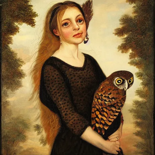 Prompt: portrait of beautiful girl holding an owl