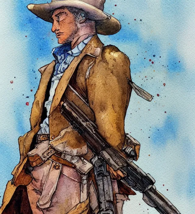 Prompt: a 3 / 4 view watercolor ink painting of an anthropomorphic bunny gunslinger posing with their revolver - rifle in the style of jean giraud in the style of moebius trending on artstation deviantart pinterest detailed realistic hd 8 k high resolution