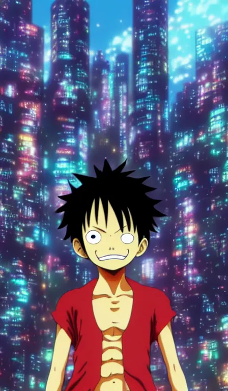 Prompt: anime fine details portrait of Luffy in front of cyberpunk moder city landscape on the background deep bokeh, close-up view, anime masterpiece by Studio Ghibli. 8k, sharp high quality anime, artstation