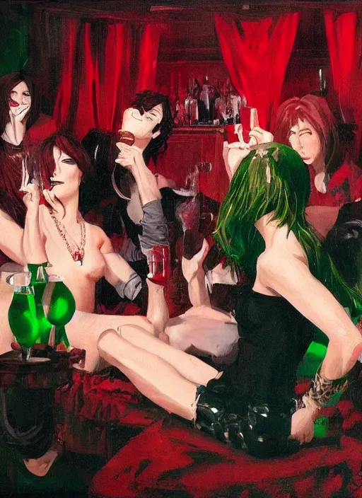 Prompt: glam rockers drinking brutal and raw wine, inside a green room with red lights, renaissance painting, loish, makoto shinkai, phil hale, extremely detailed