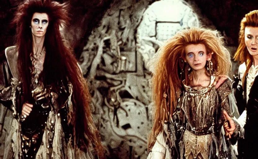Prompt: movie still from the 1 9 8 8 sequel to labyrinth by jim henson's creature shop starring david bowie as goblin king and young jennifer connelly as sarah in a maze - like steampunk fortress on the moon. realistic practical - effects wondrous creatures and humanoid aliens. fantasy adventure.