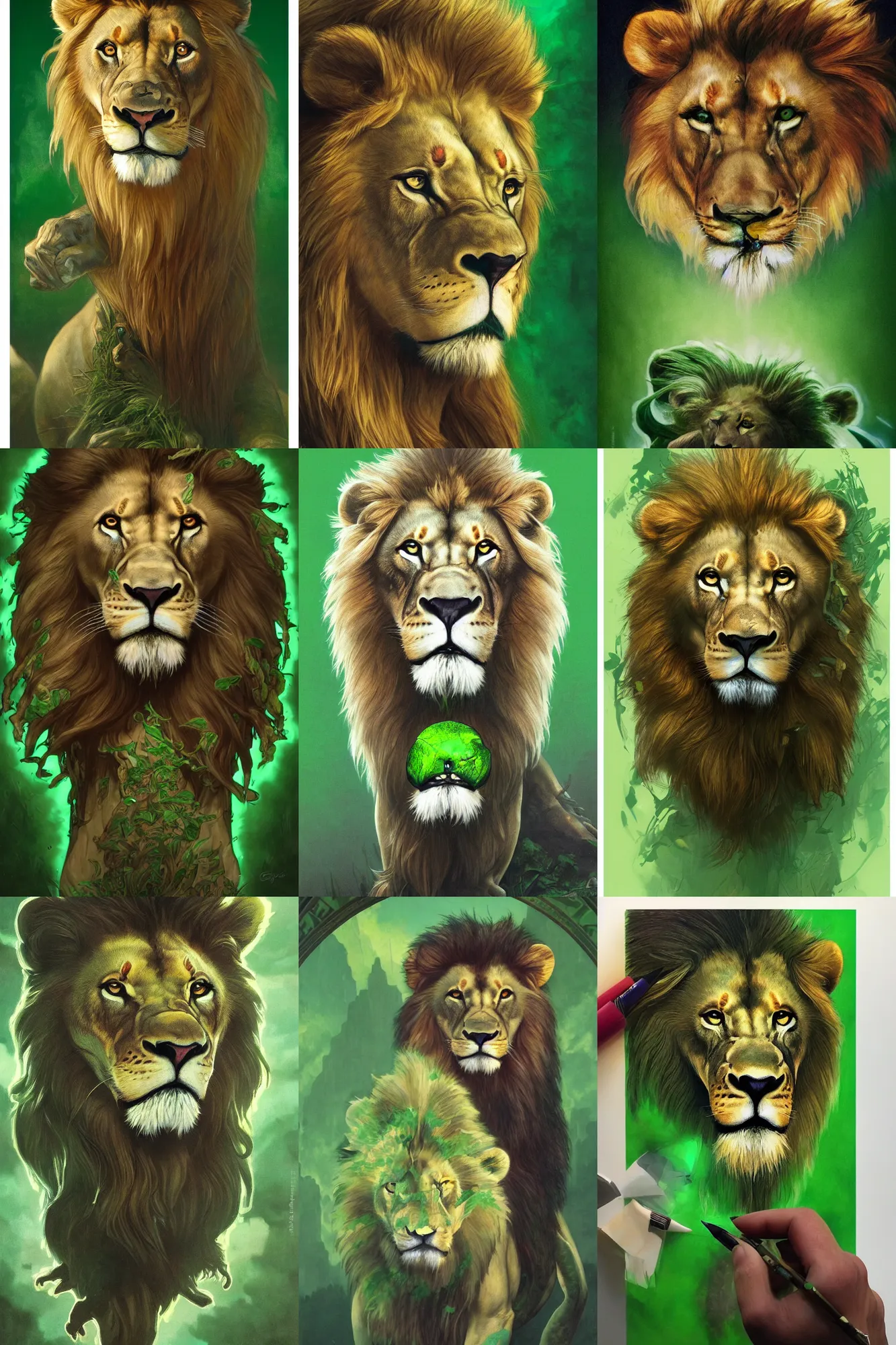 Prompt: ultra realistic medium shot illustration, medium shot fantasy lion's face against a green back for chroma key by artgerm and greg rutkowski and alphonse mucha, medium shot, long shot, constant green background, trending on artstation