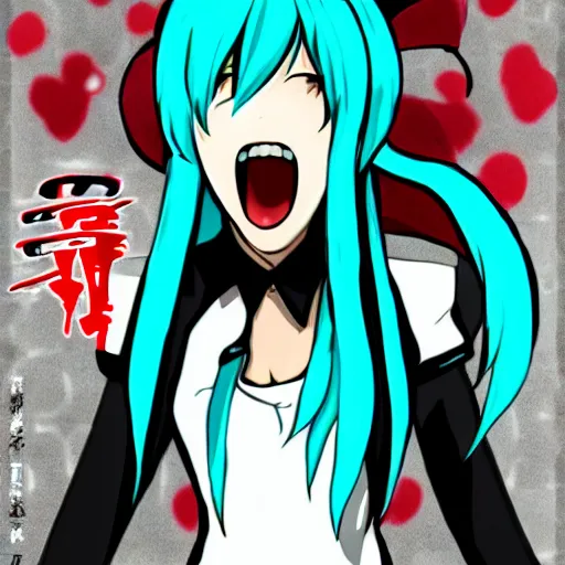 Image similar to Hatsune Miku screaming, trending on pixiv