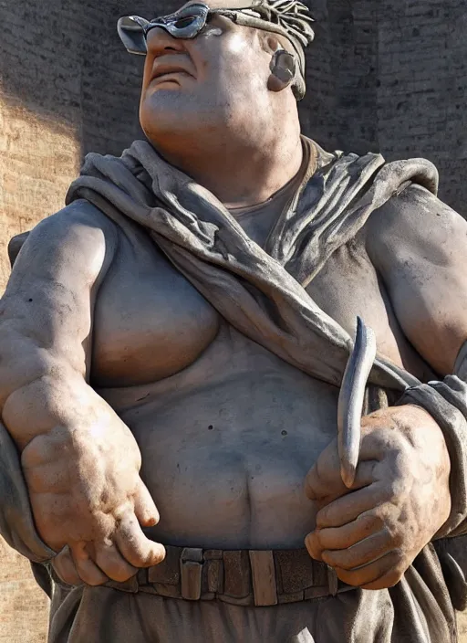 Image similar to Michelangelo's statue of Real-life Peter Griffin as Immortan Joe in Mad Max Fury Road, highly detailed, 8k