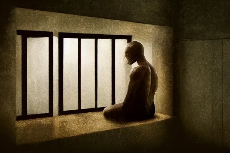 Prompt: a cinematic painting of an alien inside of jail cell looking out of a small rainy window, beautiful lighting, high depth, ultra realistic, artistic, by annie leibovitz and zack snyder
