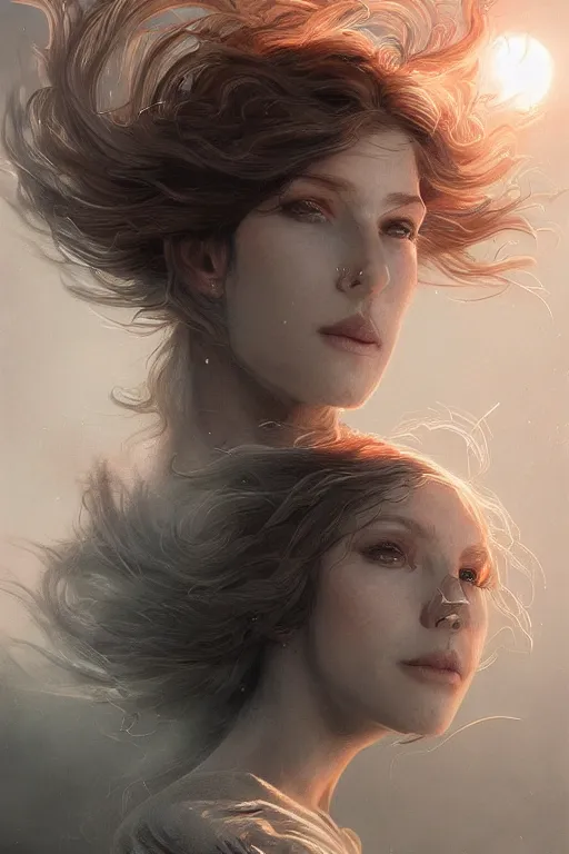 Image similar to dusty wind blowing!!!, dreaming of the void! cinematic volumetric lights, bust portrait, dnd, fantasy, intricate, elegant, highly detailed, digital painting, artstation, concept art, smooth, sharp focus, illustration, art by artgerm and tom bagshaw and greg rutkowski and alphonse mucha