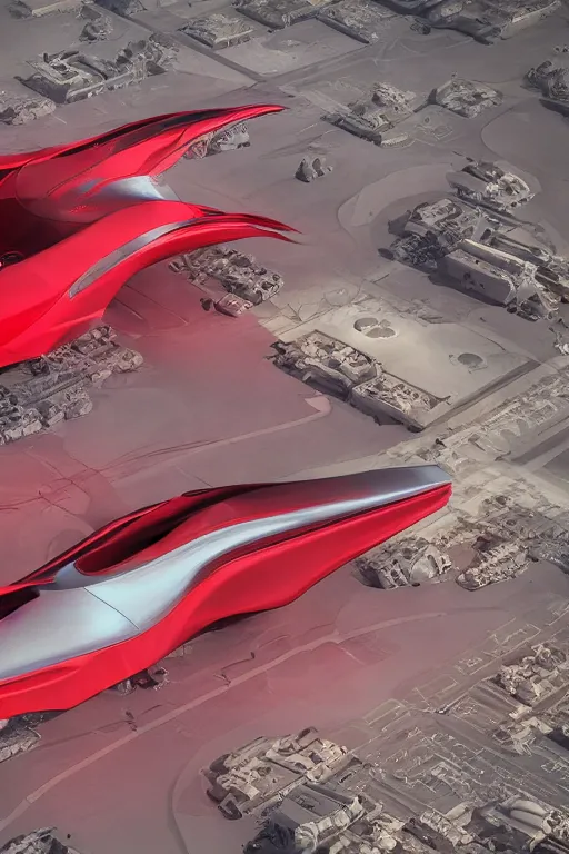 Image similar to professional photograph of a beautiful neo - futuristic simplified symmetrical spacecraft on a desert spaceport by ilm, denis villeneuve, emmanuel shiu, zaha hadid, vapor, cinematic architectural scale, red paint detail, manga, dramatic, volumetric, concept art, hard surface, hyperrealism, high detail, trending on artstation, sharp focus, rendered in octane