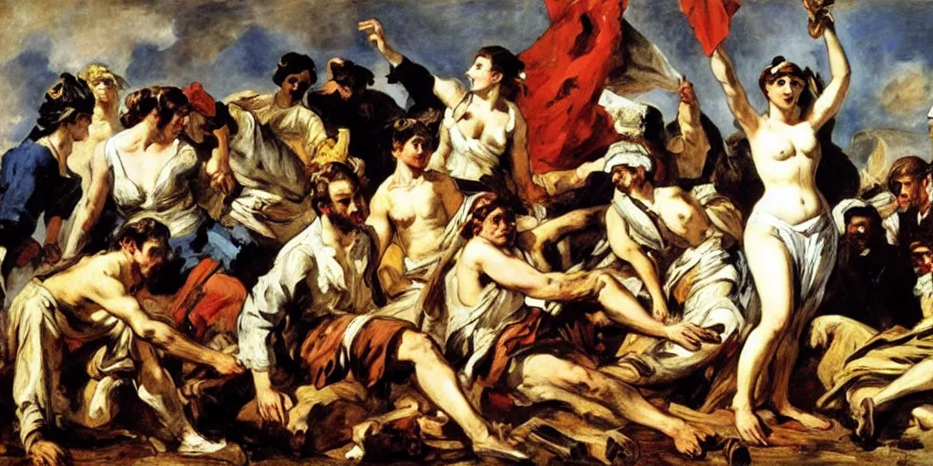 Prompt: eugene delacroix's Liberty Leading The People modern characters