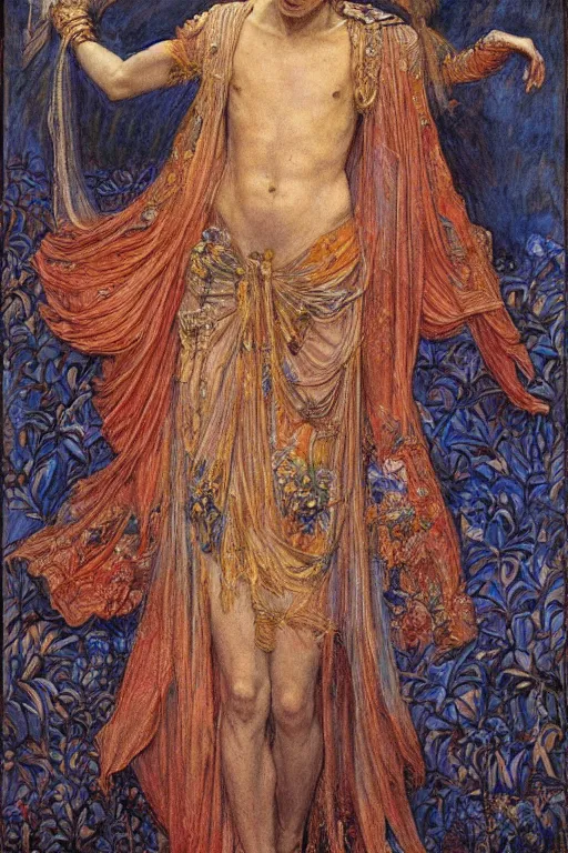 Image similar to coronation of the flower prince, by Annie Swynnerton and jean delville, embroidered brocade, tattoos, elaborate costume, geometric ornament, symbolist, rich colors, dramatic lighting, smooth, sharp focus, extremely detailed