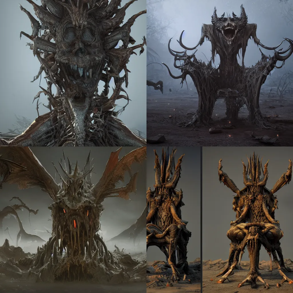 Prompt: monster graveyard chair, portrait of daemons, beings of astonishing structure, high detail, cinematic, cgsociety 8k phantom grip