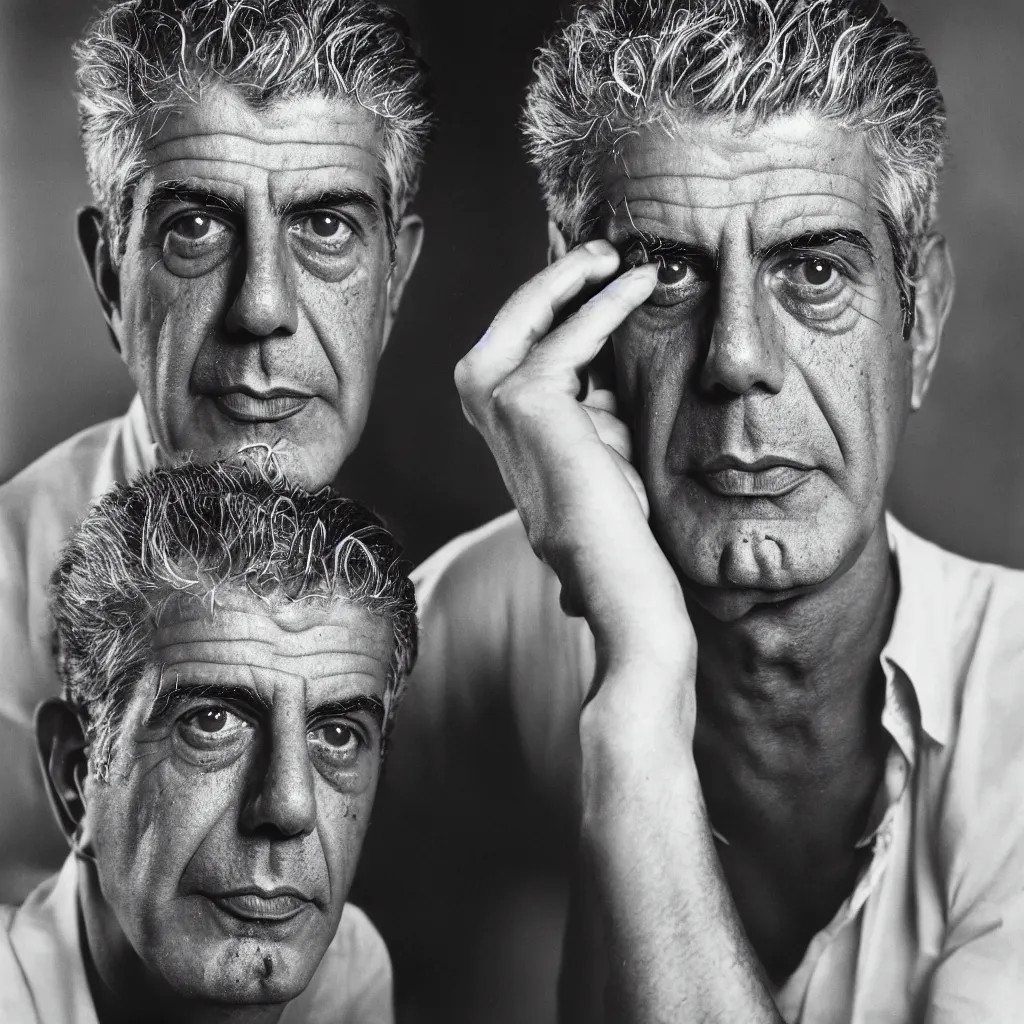 Prompt: portrait of Anthony Bourdain by Yousuf Karsh, 50mm, pentax, film