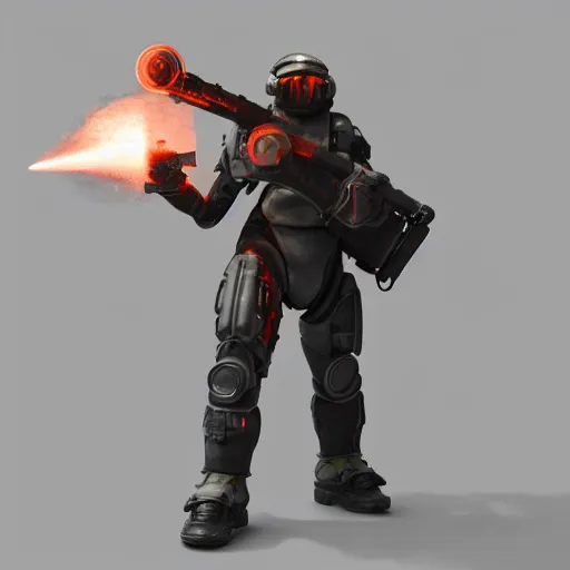 Image similar to a soldier wearing a full set of hellfire advanced power armor and holding a flamethrower, 3 d render, octane, ray tracing, ultra detailed, photorealistic, high resolution, 8 k