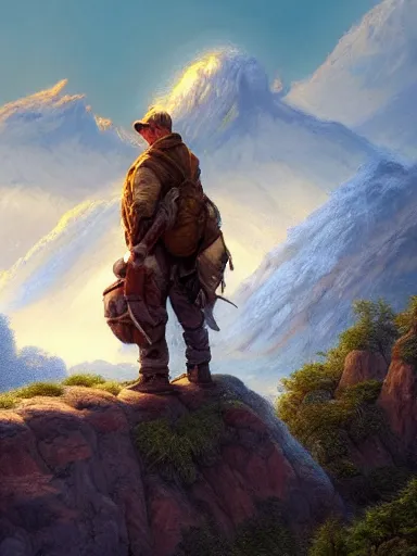 Prompt: an adventurer in his first mission with his dog near a precipice. rolling mountains and the sun in the background. intricate, elegant, highly detailed, digital painting, artstation, concept art, sharp focus, illustration, by justin gerard and artgerm, 8 k