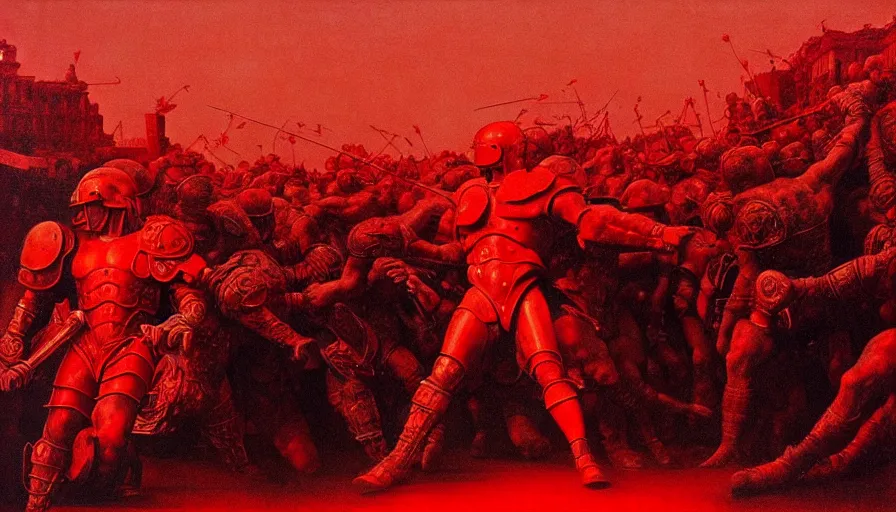 Image similar to only with red, an armored gladiator in a crowded roman amphitheatre, crowd cheering, in the style of beksinski and edward hopper and rodcenko and yue minjun and rolf armstrong, intricate and epic composition, red by caravaggio, highly detailed, masterpiece, red light, artstation