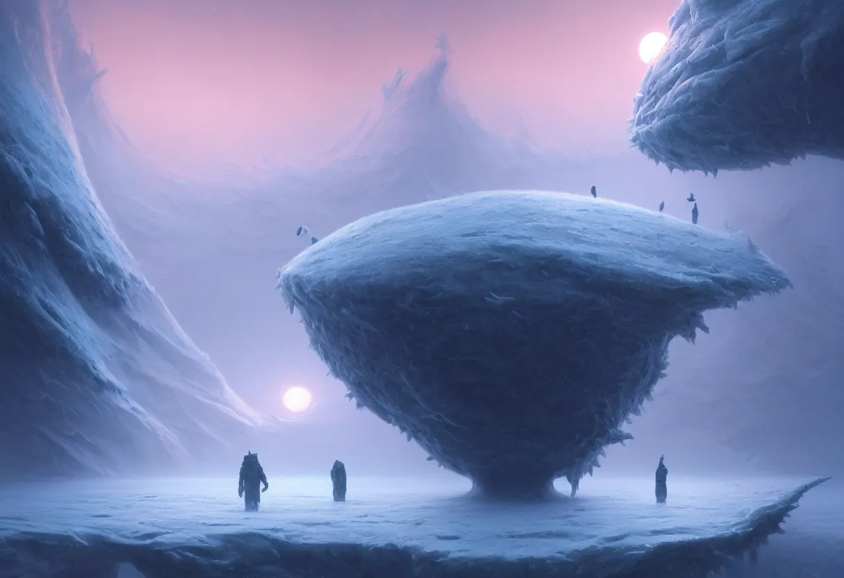 Prompt: strange surface of another frozen winter planet at sunset, sea creature emerging, ultra high definition, ultra detailed, symmetry, fog, matte painting, by greg rutkowski and ross tran and wlop