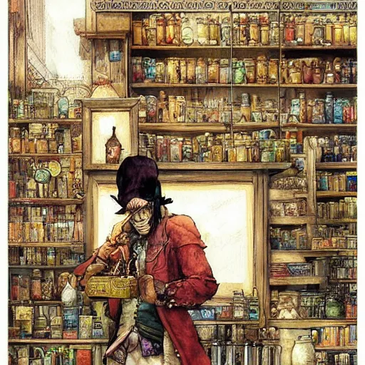 Image similar to Anthropomorphized parrot trader in his shop, art by Akihiko Yoshida and Greg Rutkowski, shelves full, selling a gem, portrait, items, magic potions, weapons, arcana, carpet, window, fancy funny hat, sly expression , cunning expression, cute expression, presenting magic gem, D&D, fantasy, cinematic lighting, highly detailed, digital painting, artstation, concept art, smooth, sharp focus, illustration, warm light, cozy warm tint, magic the gathering artwork, volumetric lighting, 8k, no gold, no gold colours