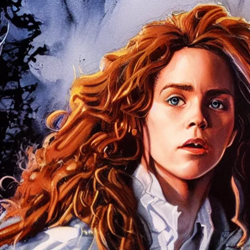 Image similar to detailed details photorealistic pictures of hermione with bachelor jacket in the style of bob peak and alex ross, gouache and wash paints color, detailed details facial and body and human and environments and proportionate, detailed 5 k details.