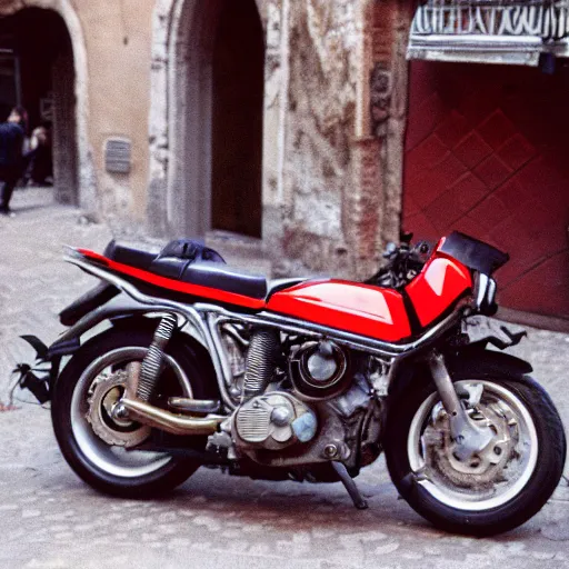 Image similar to photo of cyberpunk motorbike, in rome near coliseum. 2 4 mm lens, leica m 5, kodachrome