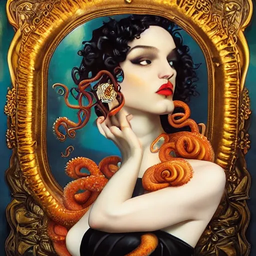 Prompt: dynamic composition, a painting of a woman with hair of octopus tentacles and sea anemones wearing ornate earrings, a surrealist painting by tom bagshaw and jacek yerga and tamara de lempicka and jesse king, featured on cgsociety, pop surrealism, surrealist, dramatic lighting, wiccan, pre - raphaelite, ornate gilded details