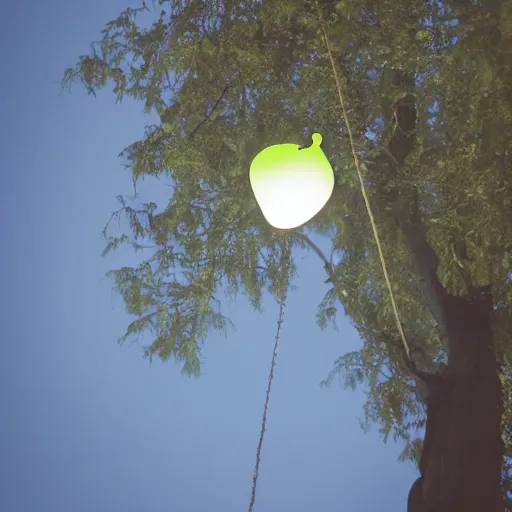 Prompt: A phone glowing and floating in a tree, 35mm photograph