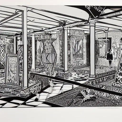 Image similar to A black and white screen print of gallery exhibition view from the 60s, anthropology, colonial, wild, exotic, artifacts, pedestal, ethnography, screen printing