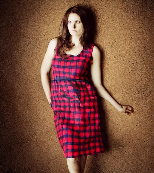Image similar to “Portrait by Annie Leibovitz of a beautiful brunette woman wearing a red and pink checkered sleeveless dress, 4K, high quality”