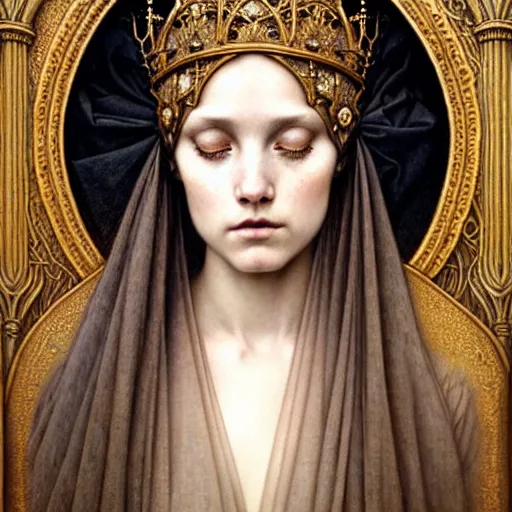 Image similar to detailed realistic beautiful young medieval queen face portrait by jean delville, tom bagshaw, brooke shaden, gustave dore and marco mazzoni, art nouveau, symbolist, visionary, gothic, pre - raphaelite, ornate gilded medieval icon, surreality, ethereal, unearthly, haunting, celestial, neo - gothic, ghostly, memento mori, eerie