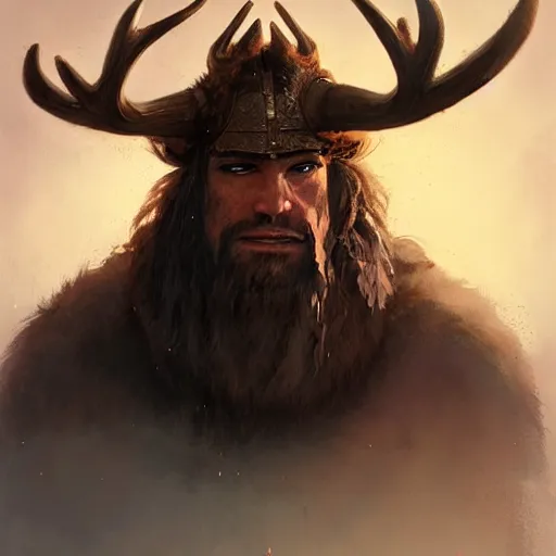 Image similar to hairy barbarian with moose helmet by greg rutkowski