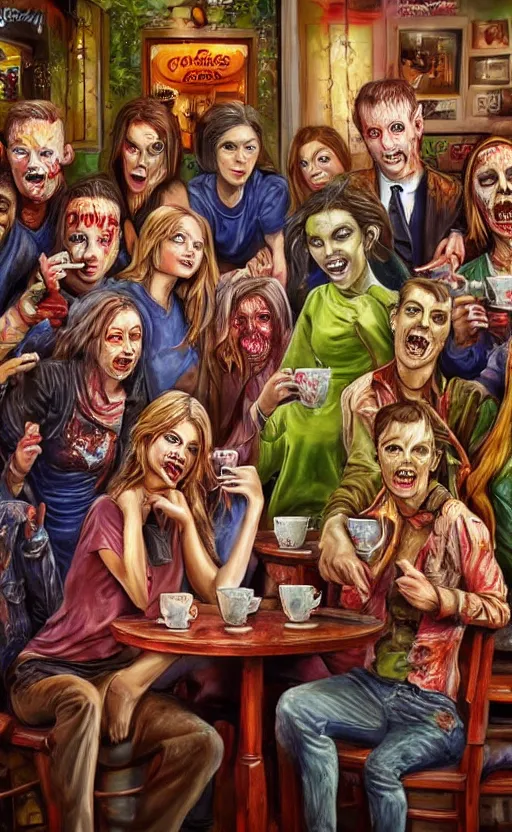 Prompt: beautiful detailed photorealistic painting of a group of friends dressed as zombies, in central perk coffee shop, drinking coffee. vibrant, high quality, vibrant colors, very funny, beautiful, hq. hd. 4 k. award winning. trending on artstation