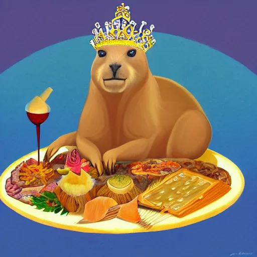 Image similar to painting of a capybara wearing a crown sitting on a throne surrounded by food offerings, trending on artstation