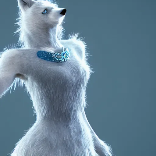 Image similar to 3 d render, well toned, large and tall, female, anthropomorphic wolf with a short snout, furless, blue scales with white spots, icey blue dress, blue scales covering her chest.