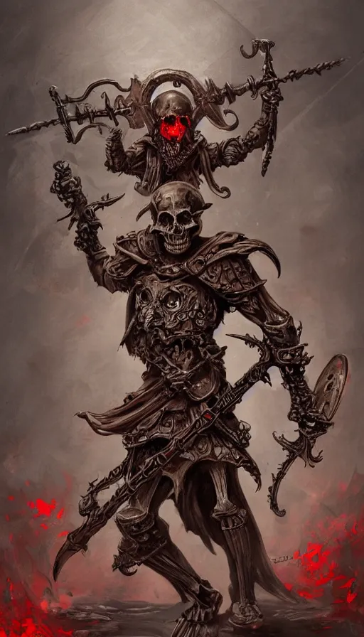 Prompt: concept art of skeleton holding a medieval shield and spear, d & d surrounded by red evil death tentacles, hyper detailed, hyper realistic, dark atmosphere, full body, full frame in the style of frank frazetta
