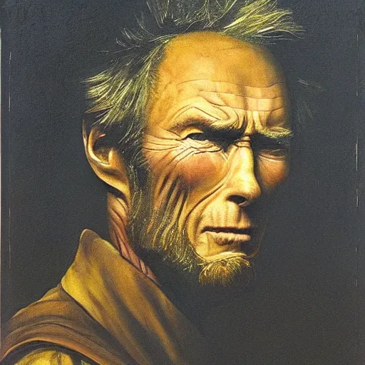 Prompt: wide eyed clint eastwood by rembrandt, startled facial expression, grinning, intricate, ultra detailed painting, atmospheric lighting, golden hour