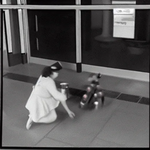 Image similar to security camera footage of a witch pouring a carton of milk on the floor in a mall