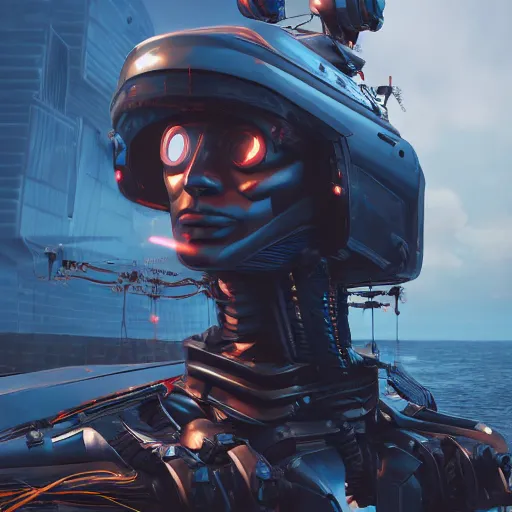 Prompt: A hyper real comic book style portait painting of futuristic robot on a pirate ship, unreal 5, hyperrealistic, octane render, cosplay, RPG portrait, dynamic lighting