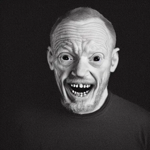 Image similar to photo of a 5 0 year old ginger men with rotten teeth, ugly appearance, dark room with a tv background, 8 5 mm, f / 1. 3