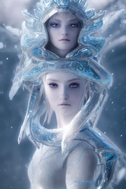 Image similar to ice goddess with beautiful face with a glowing blue crystal on her forehead, frosty white eyes, winter mist around her, white plated armor, pale skin, white smoke ， photorealism, octane render, frostbite, 8 k, cinematic, 3 5 mm, aspect ratio