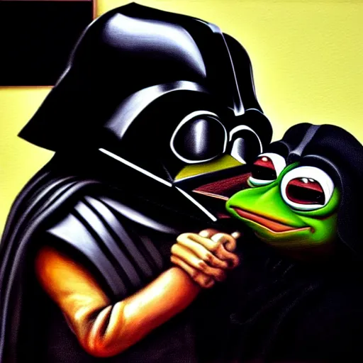 Image similar to a detailed painting of pepe the frog fighting darth vader by caravaggio