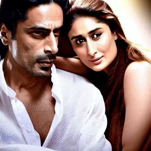 Prompt: kareena kapoor with arjun rampal in the bed, au naturel, hyper detailed, photographic, cinematic lighting, studio quality.