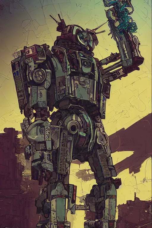 Prompt: cyberpunk mecha ninja borderland that looks like it is from borderlands and by feng zhu and loish and laurie greasley, victo ngai, andreas rocha, john harris