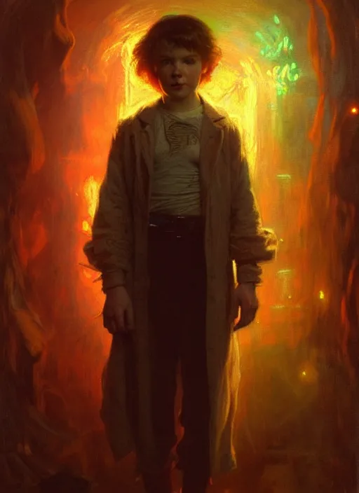 Image similar to illustration by gaston bussiere, gerome, craig mullins, greg rutkowski, john singer sargent. portrait of eddie munson joseph quinn, stranger things. 8 ß's neon retro. lights, glow, magical. dark background.