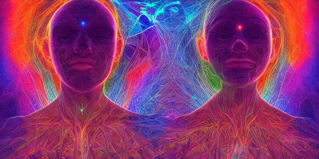 Prompt: transcendence into collaborative intelligence, endless collaboration with ai, connectedness, body, by alex grey, award winning, beautiful, colorful, volumetric lighting, trending on artstation, cinematic