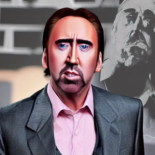 Image similar to nic cage but he's wearing an outfit that comprises his face all over it