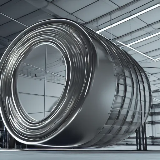 Image similar to big metallic capsule connected to pipelines, purpose is pump, standing in large industrial hall, designed by best engineers, raytracing, reflections