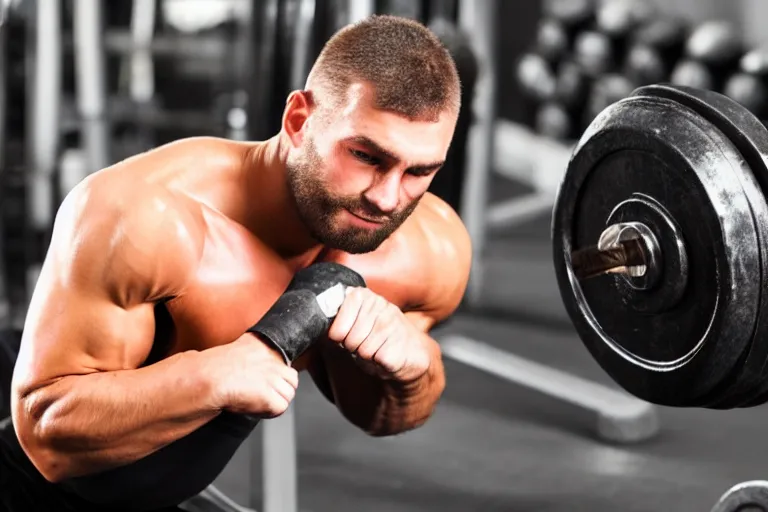 Image similar to weak man trying to light a heavy weight in the gym, hd